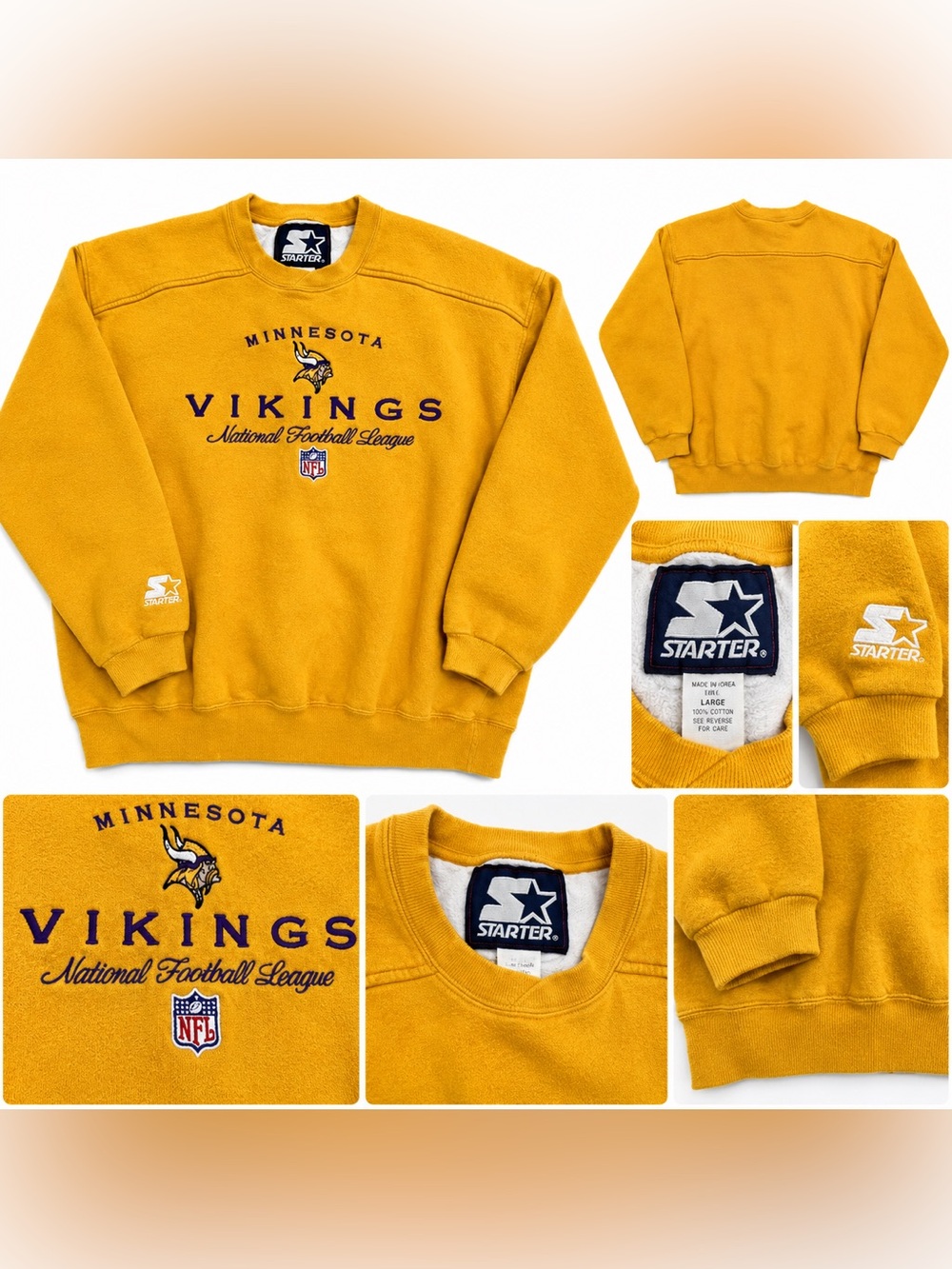 Vintage Starter Minnesota Vikings Crewneck Sweatshirt Gold NFL Adult  XL 90s